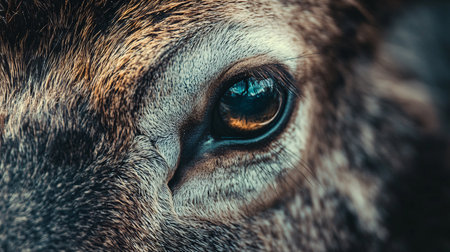 Close up of a deer's eye with a blue tint. The eye is surrounded by fur and the fur is brownの素材