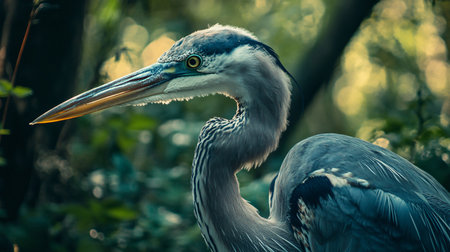 Large blue and gray bird with a long neck and a yellow beak. The bird is standing in a forest with green leaves and branchesの素材