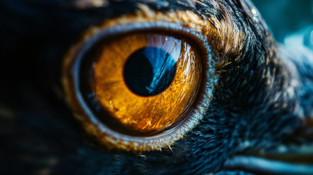 The eye of a bird is shown in a close up. The eye is large and has a golden hueの素材