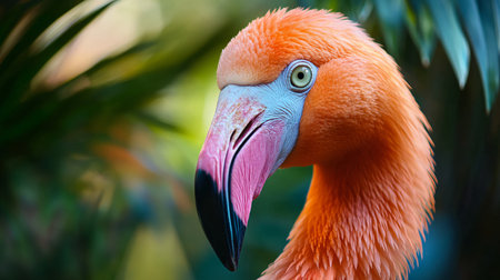 Flamingo with a pink beak and orange feathers. The bird is looking directly at the cameraの素材