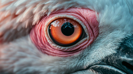 Close up of a bird's eye with a pinkish hue. The eye is surrounded by a white frame, and the bird's beak is visible at the bottom of the image. The eye is large and prominentの素材