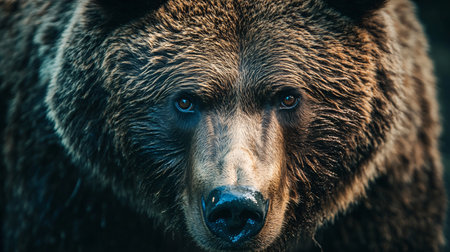 Large brown bear with a fierce look on its face. The bear's fur is wet and it is in a dark environmentの素材
