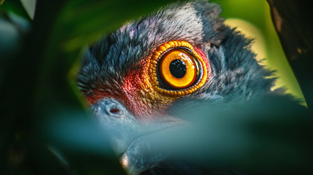 Bird's eye is shown in a close up, with the iris being the most prominent feature. The eye is surrounded by green foliage, giving the impression of the bird being in a natural habitatの素材