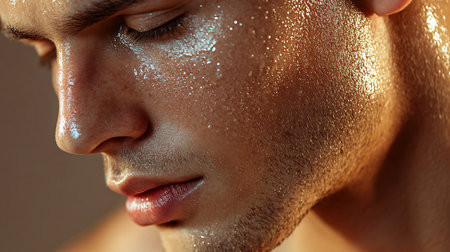 Man with a shiny face and a beard. The man is wearing a shirt and has a beardの素材