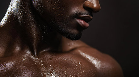 Man with a wet face and neck. The man is wearing a shirt and has a beardの素材