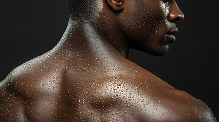 Man with a wet back and a wet face. The man is wearing a shirt and has a beardの素材