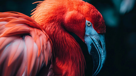 Flamingo with a red beak and red feathers. The bird is standing in front of a dark backgroundの素材