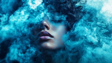 Woman's face is obscured by a cloud of smoke. Concept of mystery and intrigue, as the woman's features are hidden from view. The smoke adds a sense of drama and tension to the sceneの素材