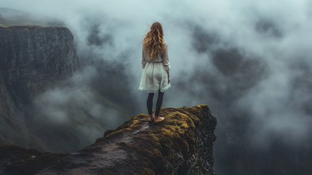 Woman stands on a rocky cliff overlooking a misty valley. The scene is serene and peaceful, with the woman's long hair blowing in the wind. The misty atmosphere adds a sense of mysteryの素材