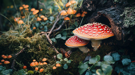 Two red mushrooms are growing on a mossy log. The mushrooms are surrounded by a variety of other mushrooms and plants, creating a lush and vibrant sceneの素材