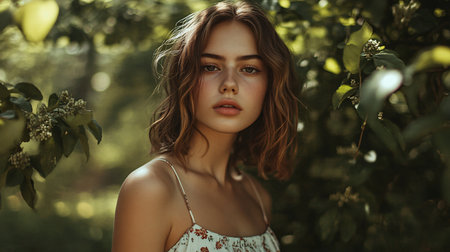 Woman with brown hair and a red nose stands in a forest. She is wearing a white dress and is looking at the cameraの素材
