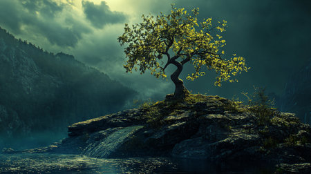 Tree is on a rock in a forest. The sky is cloudy and the light is dimの素材
