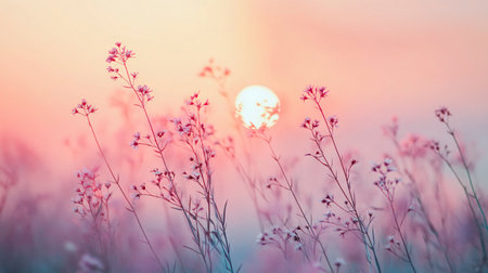 Field of pink flowers with a sun in the background. The sun is setting and the flowers are in full bloom. The scene is peaceful and serene, with the sun casting a warm glow on the flowersの素材