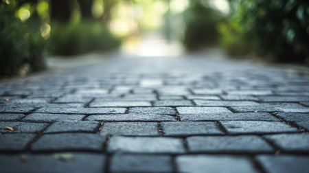 Brick walkway with a few trees in the background. The walkway is made of bricks and has a grey color. The trees are green and are scattered around the walkwayの素材