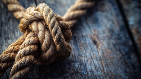 Rope is tied in a knot on a wooden surface. The knot is large and the rope is brownの素材