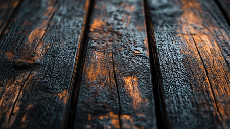 Wooden floor with a burnt look to it. The wood appears to be charred and has a dark, almost black appearance. The burnt wood gives the impression of a fire or a wood-burning stoveの素材