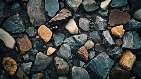 Close up of a pile of rocks with a variety of colors. The rocks are scattered and piled up in different sizes and shapes. Concept of ruggedness and natural beautyの素材