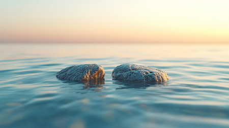 Two rocks are floating in the ocean. The water is calm and the sky is a beautiful shade of pinkの素材