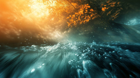 Beautiful blue ocean with a tree in the background. The tree is orange and yellow, and the water is calmの素材