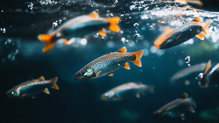 School of fish swimming in the ocean. The fish are orange and black. The water is clear and blueの素材