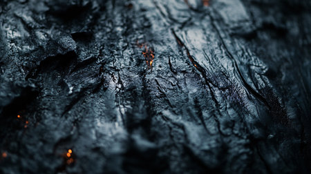Close up of a black rock with a few orange streaks. The rock appears to be charred and burnt, giving it a dark and ominous appearanceの素材