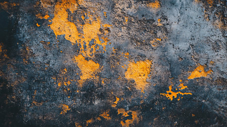 Wall with orange and blue paint splatters. The wall is covered in a variety of colors and textures, giving it a chaotic and disorganized appearanceの素材