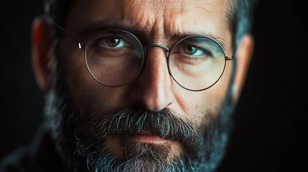 Man with glasses and a beard is staring at the camera. The image has a moody and mysterious feel to it, as the man's gaze seems to be focused on something beyond the cameraの素材