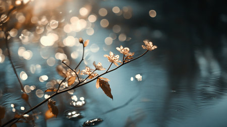 Leafy branch is floating on a body of water. The water is calm and the leaves are gently floating on top. The scene is peaceful and serene, with the water reflecting the beauty of the leavesの素材