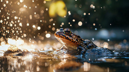 Frog is swimming in a pond with raindrops falling on it. The scene is peaceful and serene, with the frog being the main focus of the imageの素材