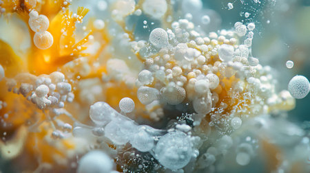Blurry image of a sea creature with many white and yellow bubbles surrounding it. The bubbles are scattered all over the image, creating a sense of movement and chaos. Scene is one of confusionの素材