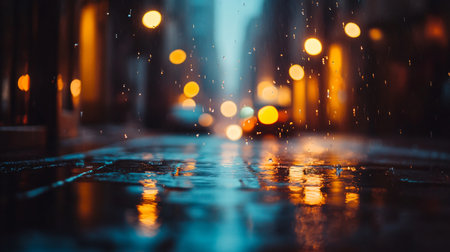 Blurry image of a city street with rain and lights. Scene is somewhat melancholic and mysteriousの素材