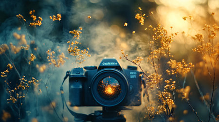 Canon camera is surrounded by a field of yellow flowers. The camera is lit up with a bright light, creating a warm and inviting atmosphere. Concept of creativity and artistic expressionの素材