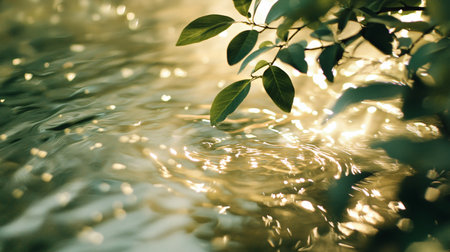 Leaf is floating on the surface of a body of water. The water is calm and still, with ripples forming around the leaf. The scene is peaceful and sereneの素材