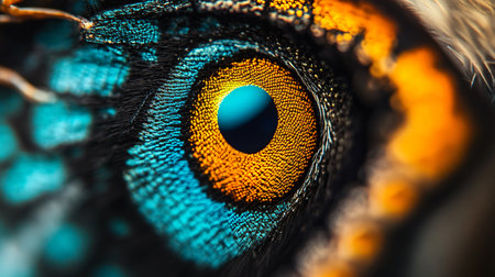 Close up of a butterfly eye with blue and orange colors. The eye is surrounded by a blue and orange patternの素材