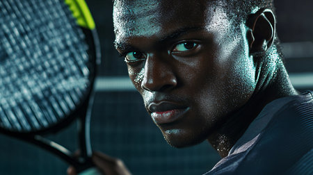 Man is holding a tennis racket and looking at the camera. Concept of determination and focus, as the man prepares to play a game of tennisの素材