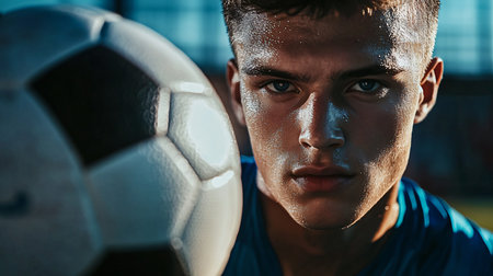Man is standing in front of a soccer ball. He is wearing a blue shirt and he is sweatingの素材