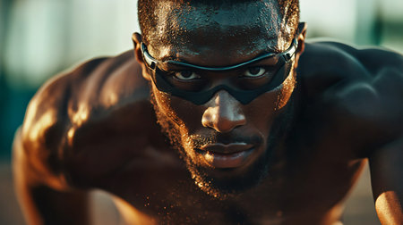 Man with a beard and glasses is sweating and looking at the camera. Concept of determination and focus, as the man is in the middle of a workout or training session. The sweat on his faceの素材