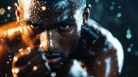 Man with sweat on his face is boxing. Concept of determination and focus as the man prepares to throw a punchの素材