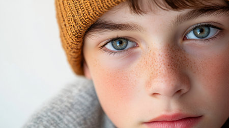 Boy with a brown hat and blue eyes. He has a red nose and a red spot on his cheekの素材