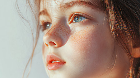 Young girl with blue eyes and red hair. She has a slight smile on her face. The girl is looking at the cameraの素材