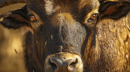 Close up of a brown cow's face with its eyes open. The cow's face is covered in dirt and it has a fierce look on its faceの素材