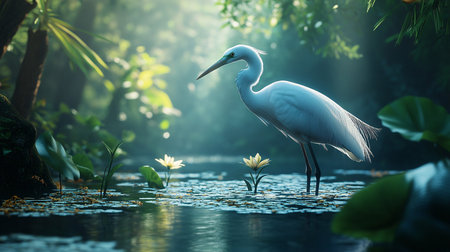 White bird is standing in a pond with lily pads. The bird is surrounded by green foliage and the water is calm. The scene is peaceful and serene, with the bird being the focal point of the imageの素材