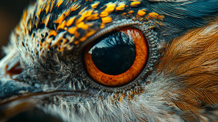 Close up of a bird's eye with a red iris. The eye is surrounded by feathers and the bird's head is visible in the background. Concept of curiosity and wonderの素材