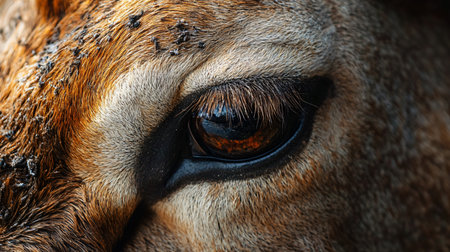 Close up of a giraffe's eye with a brownish tint. The eye is surrounded by a brownish furの素材