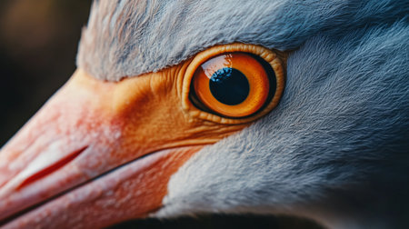 Bird with a large orange eye. The eye is surrounded by a gray and white beakの素材