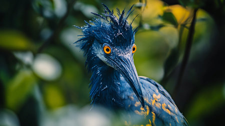 Bird with a blue head and yellow eyes is standing in a green forest. The bird's head is covered in droplets of water, giving it a wet and shiny appearance. Concept of tranquility and natural beautyの素材