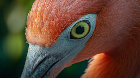 Close up of a flamingo's eye with a yellow iris. The eye is surrounded by a pink beak and a pink neck. The flamingo is standing in a green fieldの素材