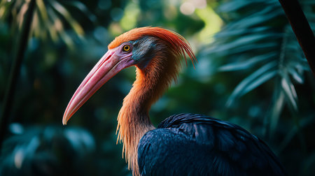 Large bird with a long beak stands in a lush green forest. The bird's feathers are a mix of black and orange, giving it a striking appearance. Concept of wonder and awe at the beauty of natureの素材