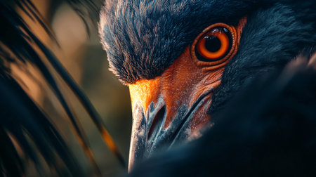 Bird with a black beak and orange eye. The bird is looking at the camera. The image has a mood of curiosity and intrigueの素材
