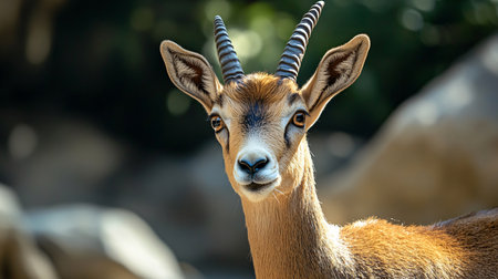 Deer with a black horn on its head. The deer is looking at the camera. The image has a natural and peaceful feel to itの素材